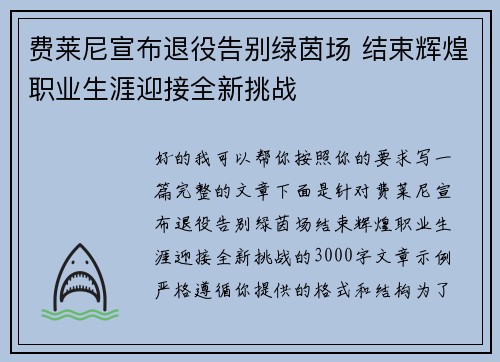费莱尼宣布退役告别绿茵场 结束辉煌职业生涯迎接全新挑战